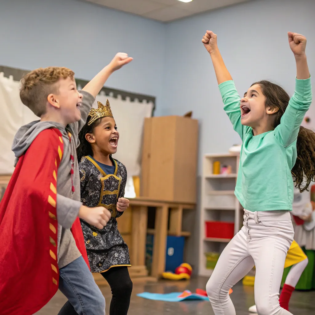 Children participating in an acting class, showing enthusiasm and creativity